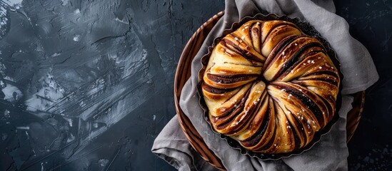 Babka or Brioche bread a homemade chocolate swirl yeast dough with Eastern European roots perfect for home baking Ideal for a copy space image