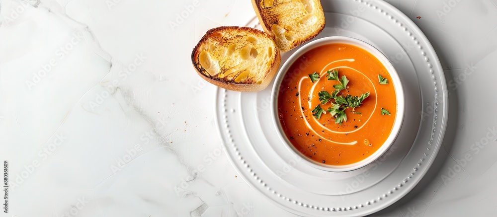 Poster a white plate with pumpkin soup and garlic bread is displayed in a top view on a white background wi