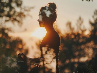 Yoga retreat close up, focus on, copy space, warm sun, Double exposure silhouette with tranquility