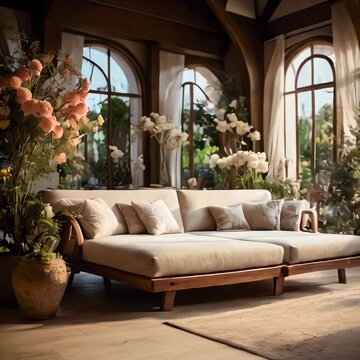 The villa has wooden textured floors, the room is integrated with the garden, beautiful flowers, the seating area is quite spacious and comfortable, plus lighting, coffee table and carpet on the floor