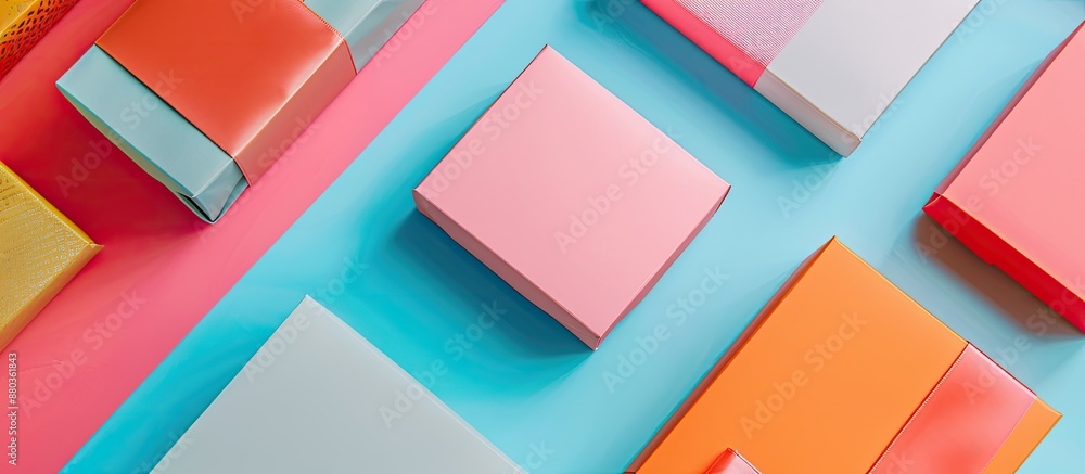Poster sophisticated gift boxes arranged neatly on a bright background featuring a flat lay composition wit