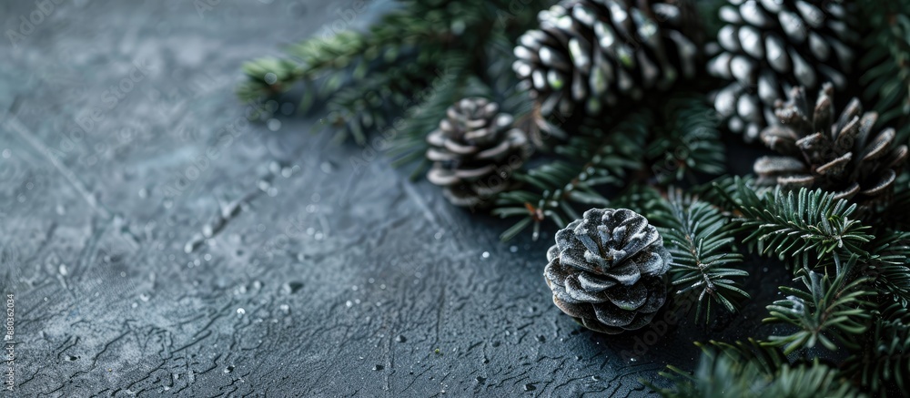 Poster close up of a festive holiday decoration crafted from green twigs and silver cones with space for te