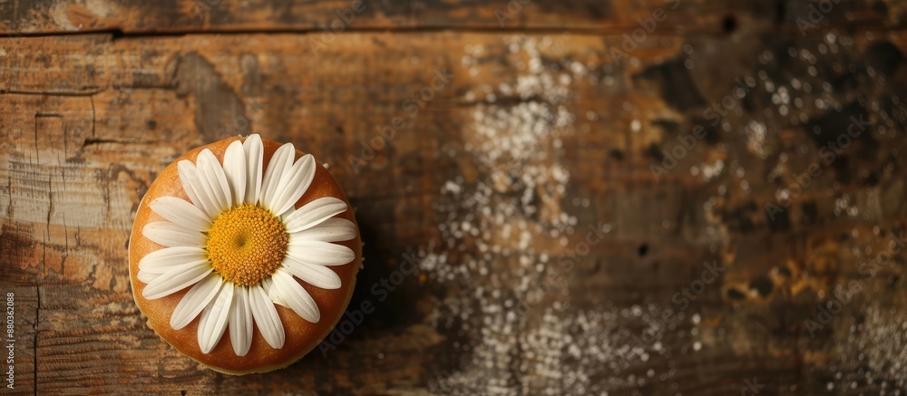 Poster donut daisy displayed on a wooden surface in an image with copy space