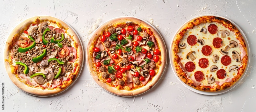 Poster top view of three pizzas with various toppings on a light background featuring sausage ham mushrooms