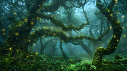 Enchanted forest at dusk with mystical fog, glowing fireflies, and vibrant green moss covering ancient trees, moonlight filtering through branches