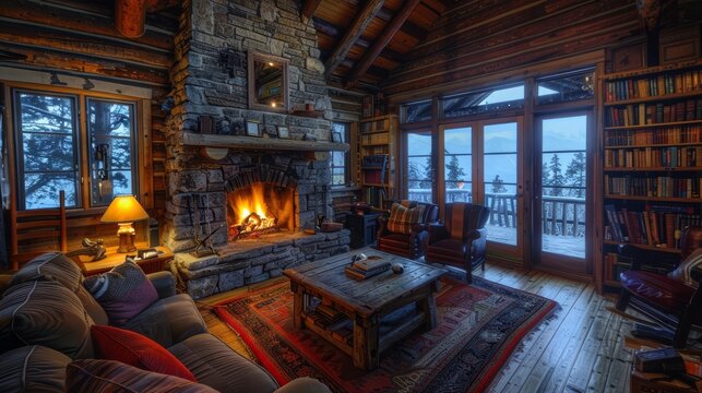 Mountain cabin trip with a crackling fireplace, Warmth, Rustic comfort