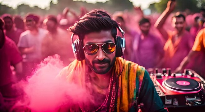 DJ playing music at a holi party. Holi festival.