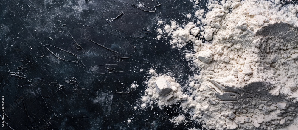 Poster top view of a dark background with flour ideal for baking or cooking with copy space image