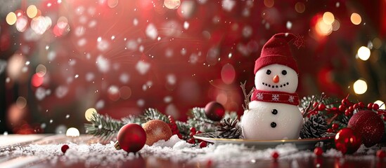Christmas snowman themed table setting against a festive holiday background embodying the Christmas concept with a designated space for images. Copy space image. Place for adding text and design