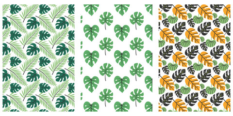 Tropical leaves seamless pattern set. Green and yellow abstract jungle leaves repeat on white. Summer vector background design for print, decoration, fabric, card.