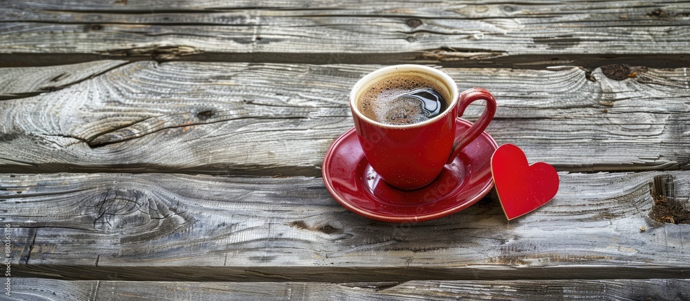 Poster red cup of coffee and heart placed on a weathered grey wooden surface creating a rustic backdrop for