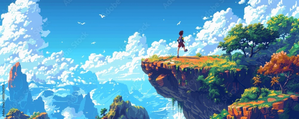 Poster a pixel art illustration of a video game character jumping and running through a pixelated landscape