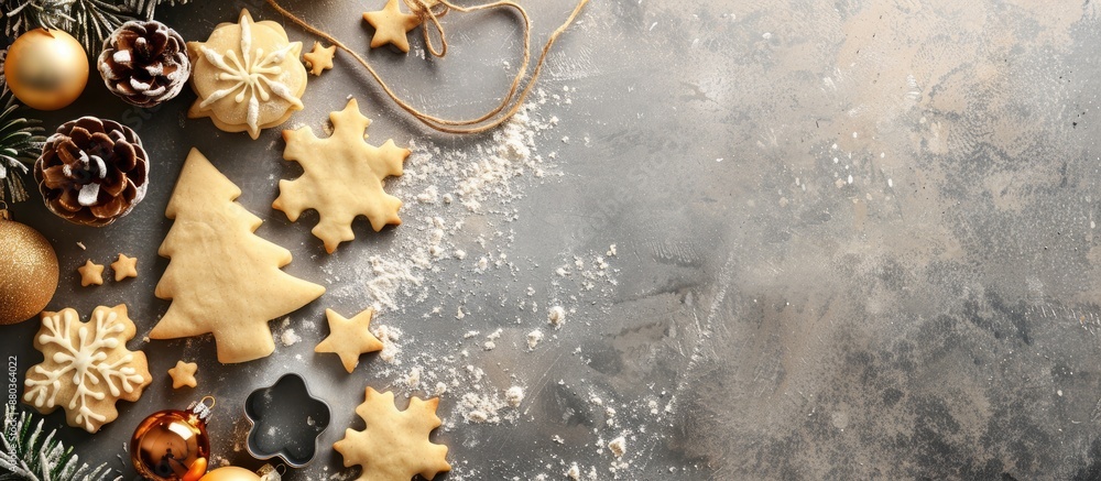 Poster creating christmas cookies with raw dough and cutters on a grey table with room for text in a flat l
