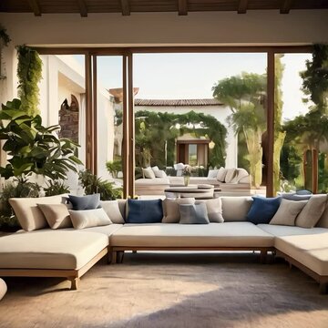 villa with wooden textured floors, space integrated with the garden, beautiful flowers, quite large seating area, plus lighting, coffee table and carpet on the floor.