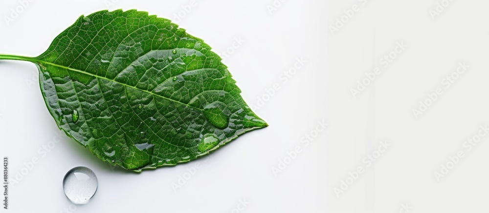 Poster a green leaf with a water drop on a white background creating a flat top view featuring ample copy s