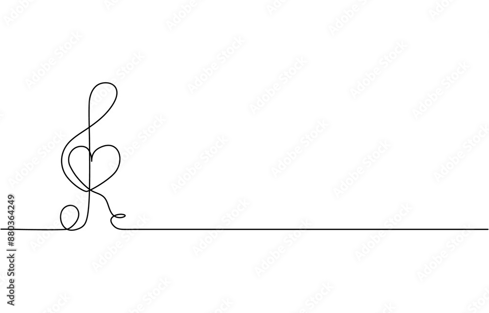 Poster continuous one line drawing treble clef. music key. isolated on white background vector illustration