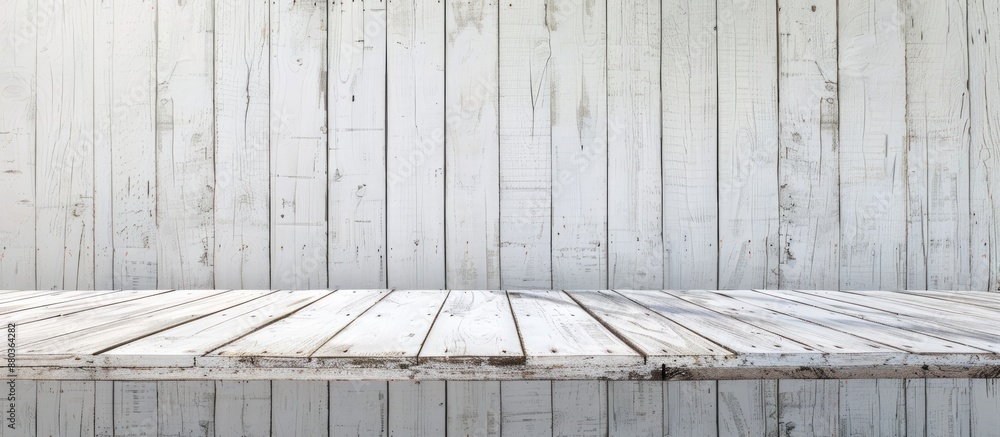 Canvas Prints Top view of a white wooden table providing a blank area for design against a backdrop of a textured white natural wood wall suitable as a copy space image