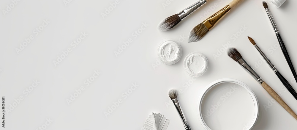 Poster top down view of a pot of white paint and brushes on a blank background with copy space image