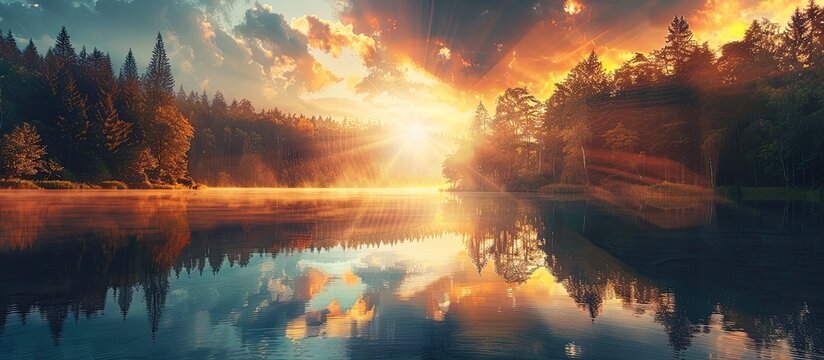 Stunning sunset over a pine forest and serene autumn lake with sun rays and fluffy clouds reflecting Evokes thoughts of vacation and meditation with copy space image