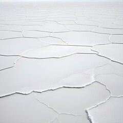 A sprawling salt flat or salt desert, with a clean, bright white background accentuating the scene