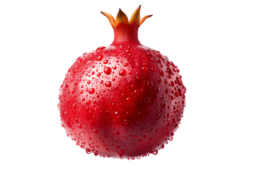 Fresh pomegranate with water droplets isolated on white transparent background.