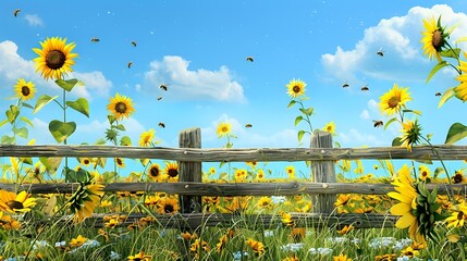 Vibrant sunflower field in full bloom, bright yellow petals under a clear blue sky, bees buzzing around, a rustic wooden fence in the background