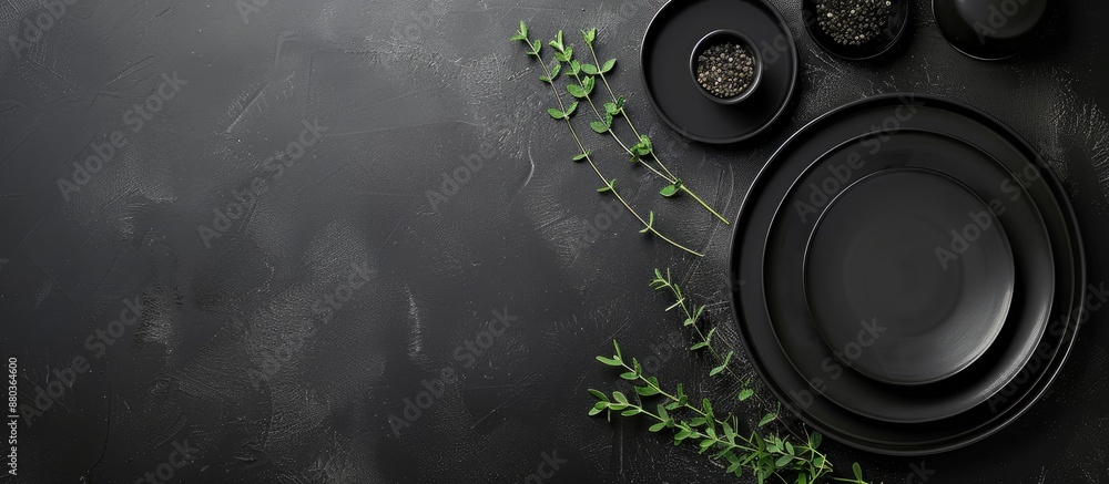 Poster minimalistic table arrangement on a black backdrop with ample copy space image