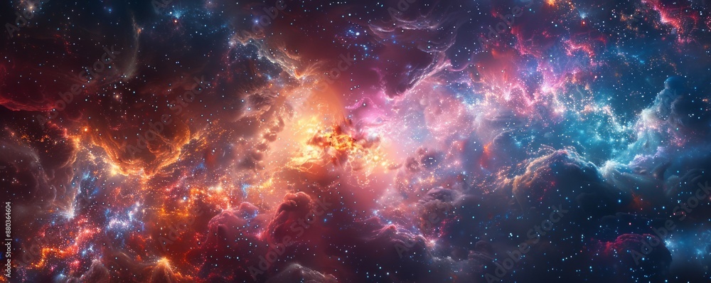 Poster a photorealistic depiction of a fireworks display illuminating the night sky, the colorful explosion