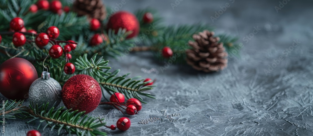 Poster a festive christmas setting with red baubles a silver pine cone and green branches on a textured gre