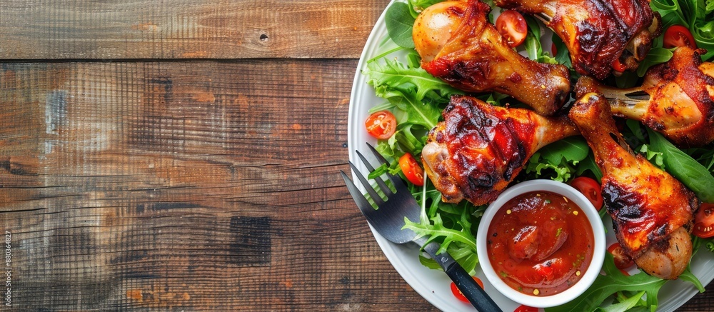 Aufkleber top view of a roasted spicy chicken drumstick served with salad and sauce on a wooden backdrop with 
