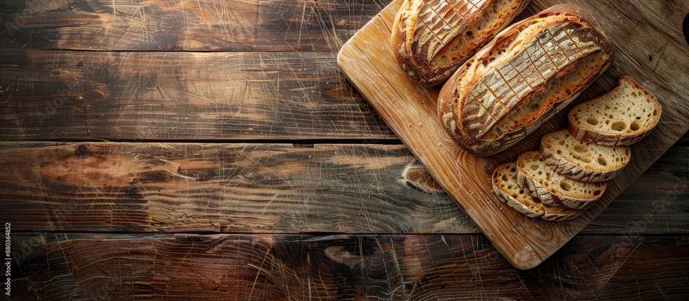 Poster arrange sliced bread on a wooden cutting board with room for a design in a copy space image
