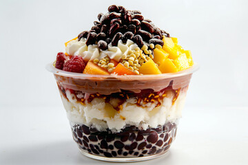 a dessert in a plastic cup with fruit and nuts