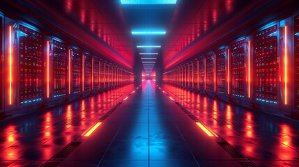 Fototapeta premium Futuristic Data Center with Neon Lights - Generative AI