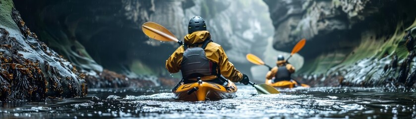 Two kayakers navigate a narrow, rocky canyon.
