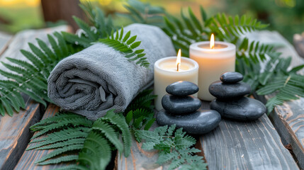 Serene spa setting rolled towel candles stacked stones wooden surface ferns healthy luxury life