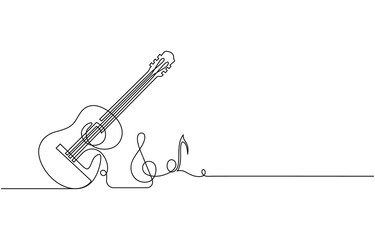 Classical acoustic guitar one line art. Line illustration. Minimalist print. Black and white, Continuous one line drawing of a guitar, Guitar one line art. Continuous line drawing of musical, equipmen
