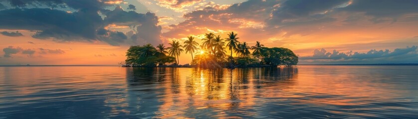 Obraz premium Tropical island at sunset with palm trees and calm water.