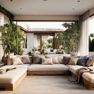 villa with wooden textured floors, space integrated with the garden, beautiful flowers, quite large seating area, plus lighting, coffee table and carpet on the floor.
