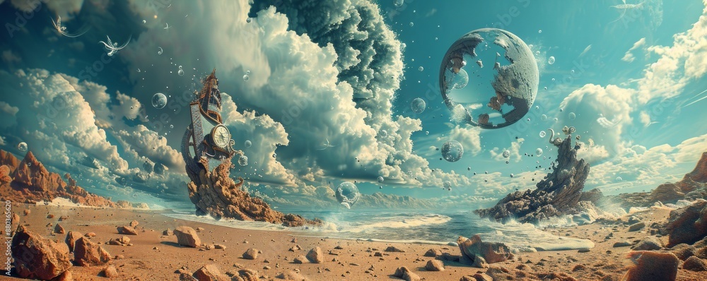 Poster a surreal landscape where time seems to bend and twist, with objects melting and morphing into each 