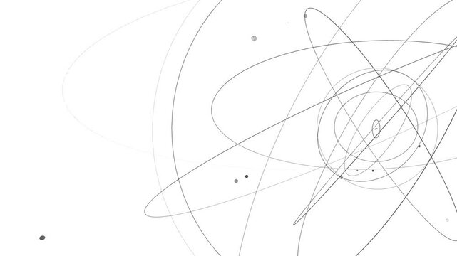 Abstract Atom-like Orbital Pathways on Light Background. The paths form a complex, interconnected, representing atomic or molecular structures in soft and clean style. Seamless loop and Copy space