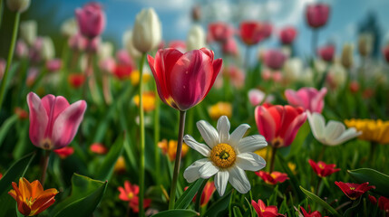 Vibrant daisies and tulips paint a lively green field.