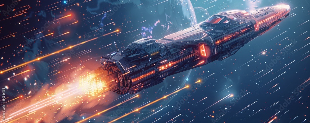 Poster a pixel art rendition of a futuristic spaceship soaring through the pixelated stars.