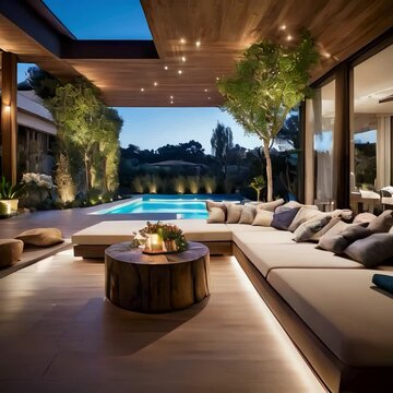 The villa has wooden textured floors, the room is integrated with the garden, beautiful flowers, the seating area is quite spacious and comfortable, next to the swimming pool