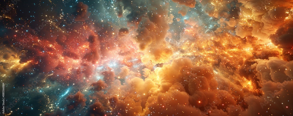Poster a photorealistic depiction of a fireworks display illuminating the night sky, the colorful explosion