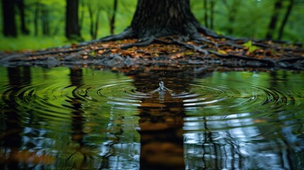 Water Drop Ripples in Forest Puddle