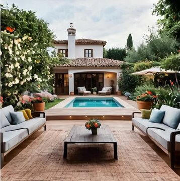 villa, floor is wooden texture, a cozy space intagrated with the garden, beautiful flowers, seating area is Biga enough and comfortable
