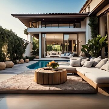villa, floor is wooden texture, a cozy space intagrated with the garden, beautiful flowers, seating area is Biga enough and comfortable