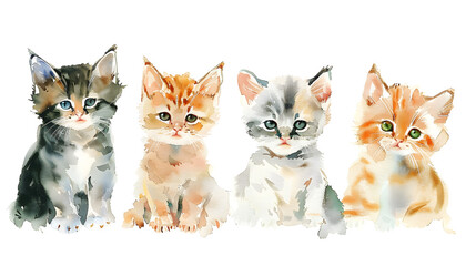 Group of cute kittens sitting in a row watercolor illustration isolated on a white background