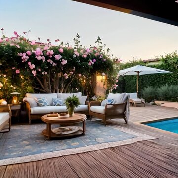 villa, floor is wooden texture, a cozy space intagrated with the garden, beautiful flowers, seating area is Biga enough and comfortable