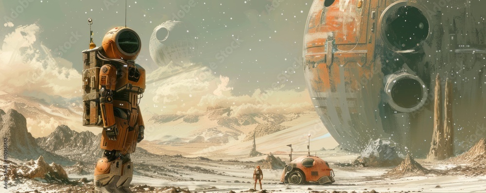 Poster a robot exploring a desolate alien world.